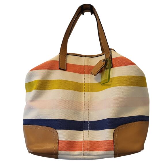 Coach Hadley Multistripe Canvas/Leather Duffle Tote M1382-F30041 - Picture 1 of 16
